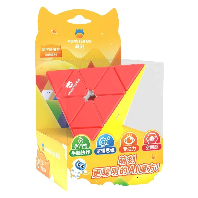 Monster Go Pyraminx puzzle cube in red and yellow colors in yellow retail packaging