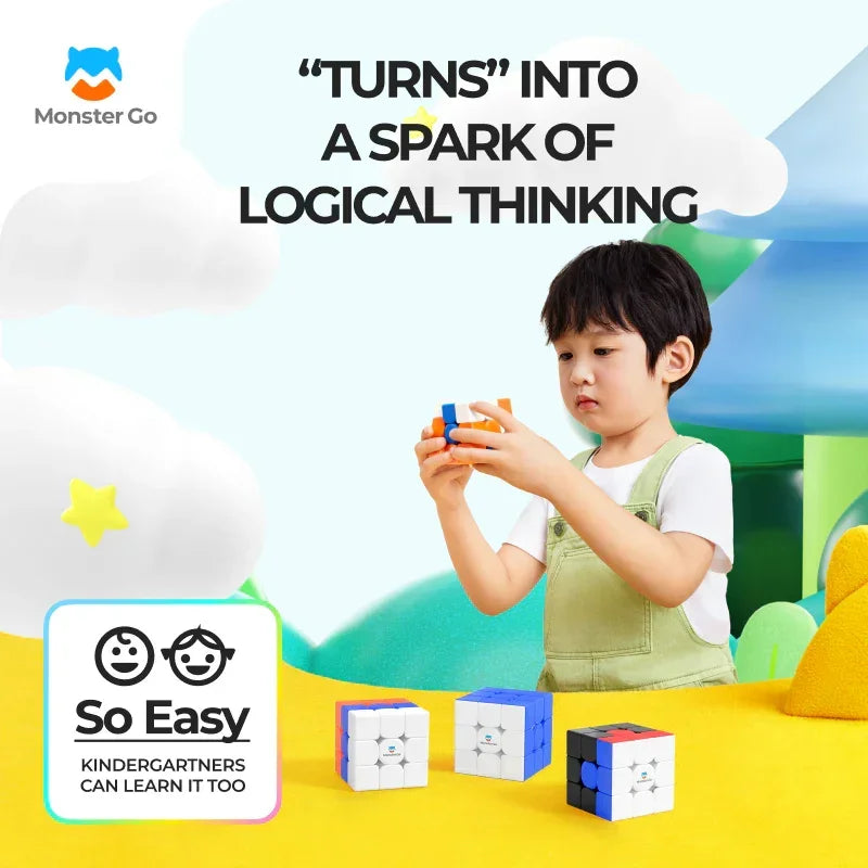 Young boy solving colorful Monster Go cubes in playful, bright educational setting