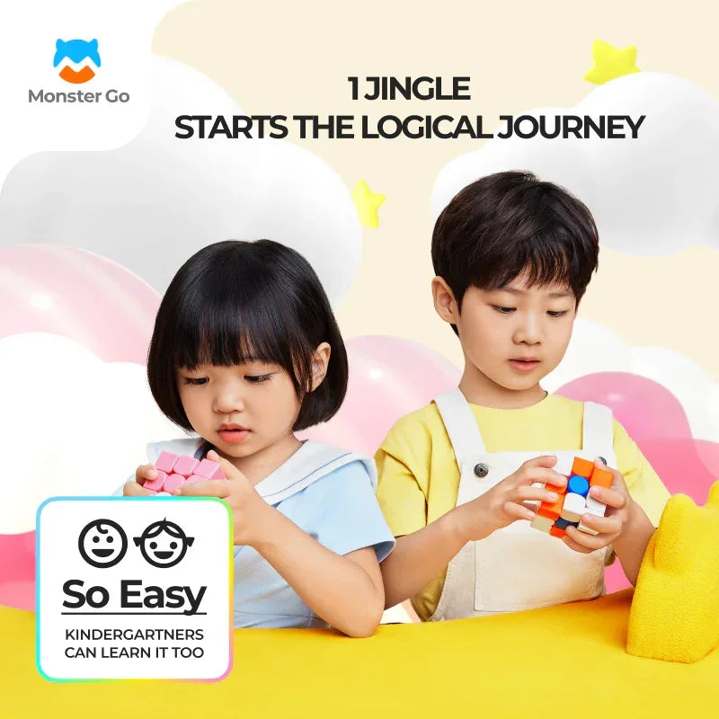 Two children solving colorful cube puzzles, promoting logical journey and easy learning for kindergartners