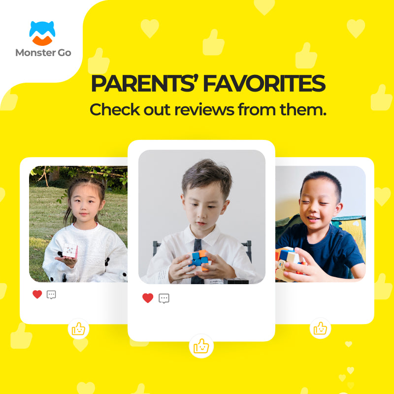 Parents’ favorites banner with kids holding and solving colorful puzzle cubes on bright yellow background