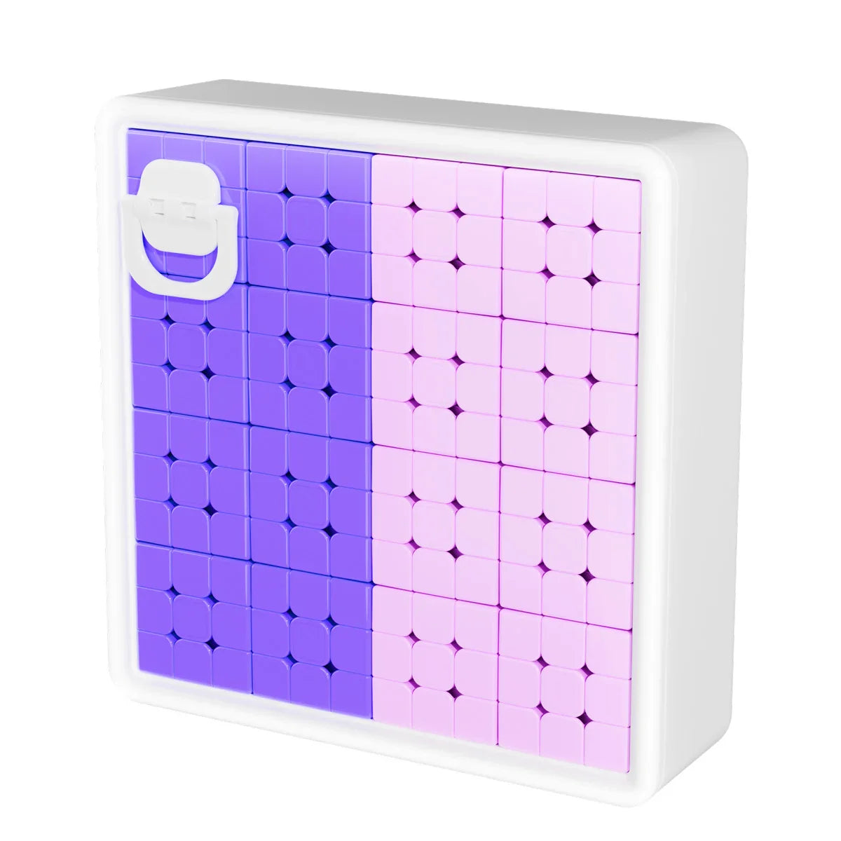 White plastic container with interlocking purple and pink puzzle cubes inside, featuring a white latch.