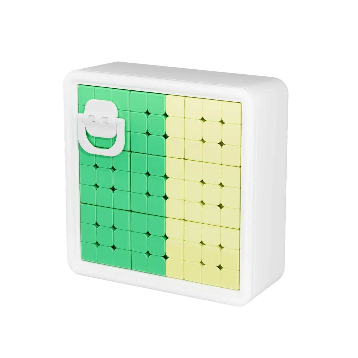 White toy storage box with green and yellow 3x3 puzzle cubes and white handle on front