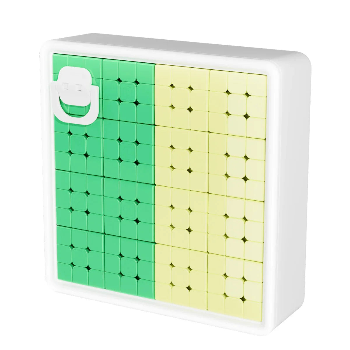 White storage case with green and yellow puzzle cube pieces and a white folding handle