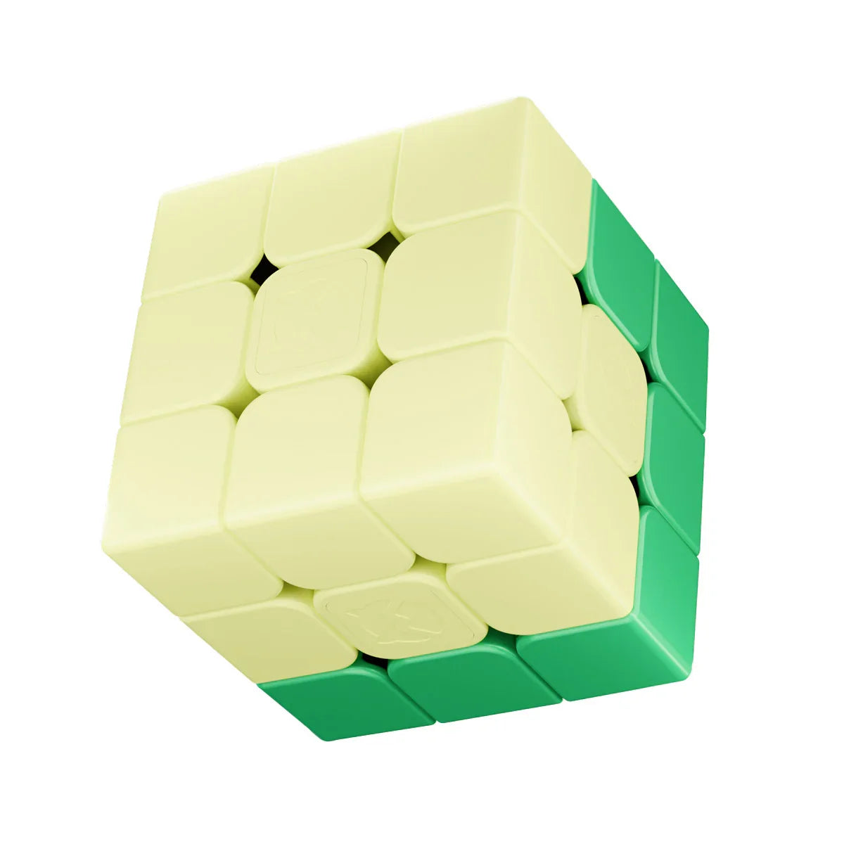 3x3 puzzle cube with pale yellow and green smooth tiles on white background