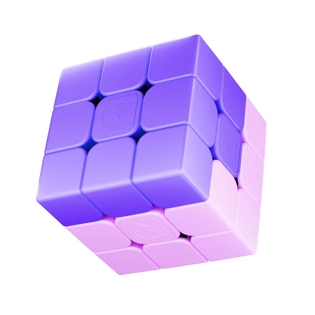 Purple and pink 3x3 smooth stickerless Rubik's cube puzzle with rounded edges on white background