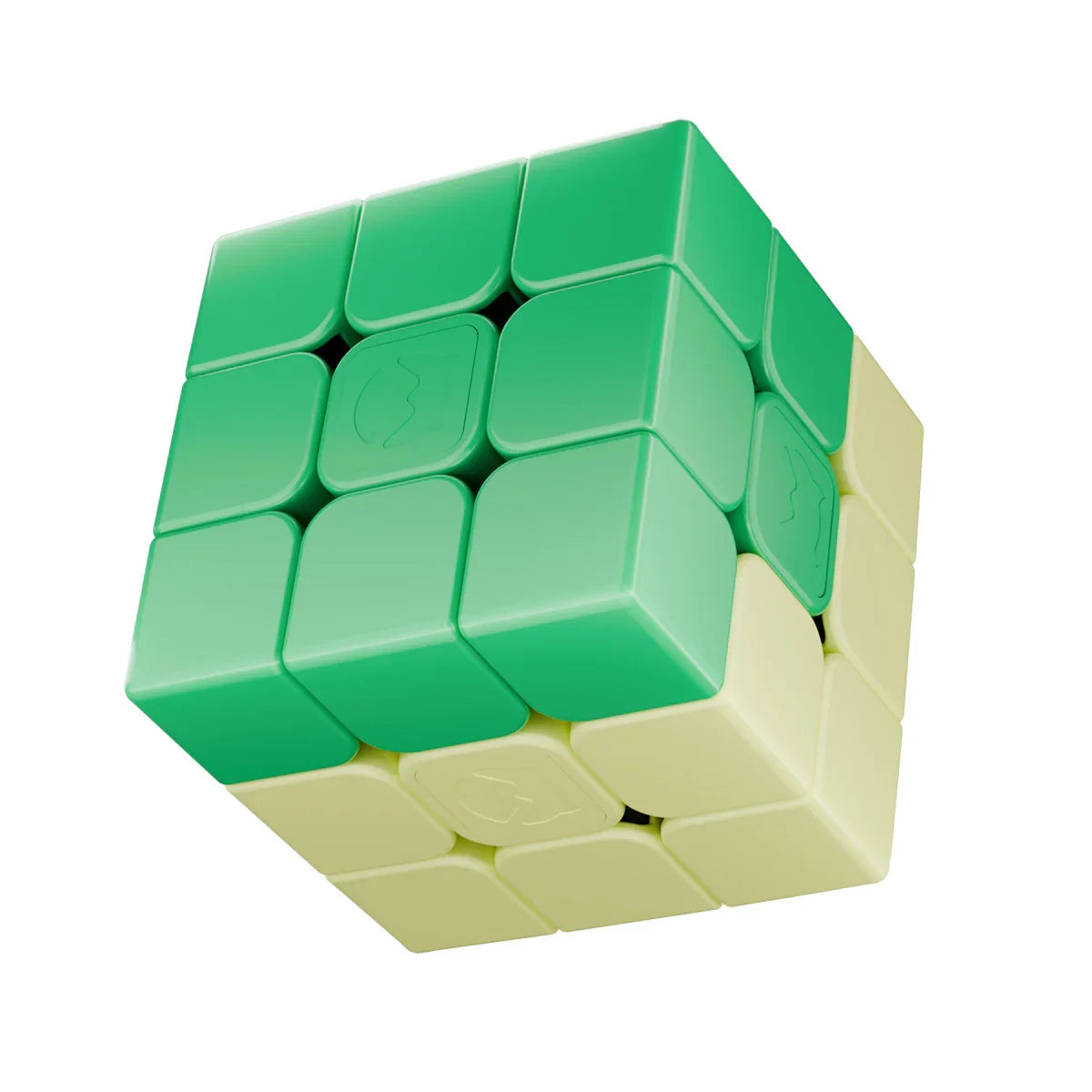 Green and yellow smooth plastic 3x3 puzzle cube isolated on white background