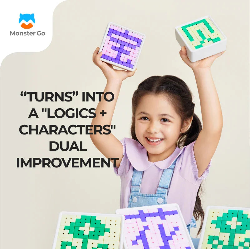 Smiling girl holding Monster Go spelling mosaic cubes with colorful pixel patterns, promoting logic and character skills