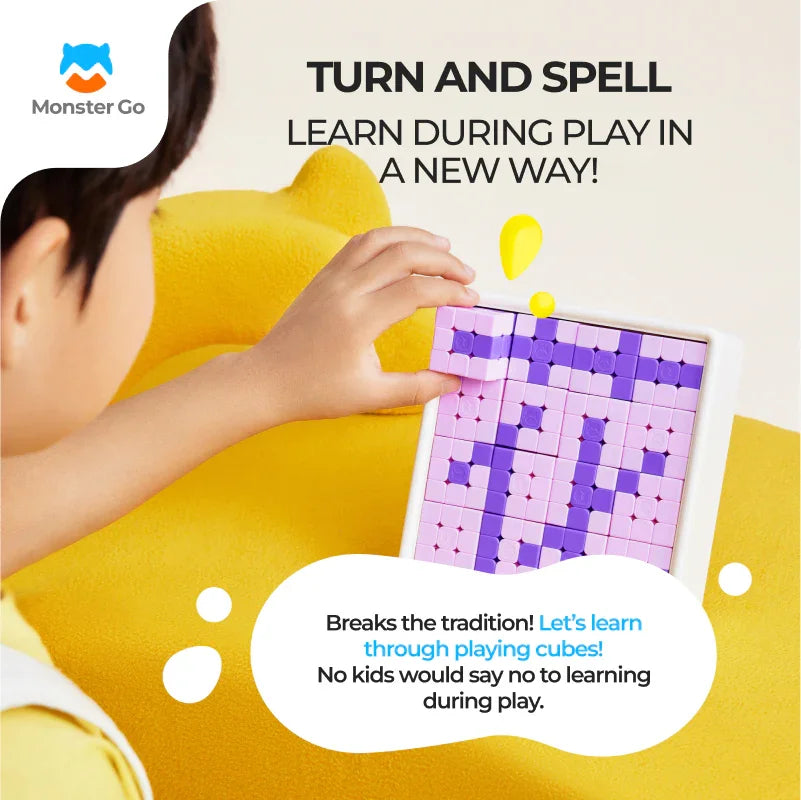 Child playing with a purple and pink mosaic spelling cube on a yellow couch, promoting learning through play