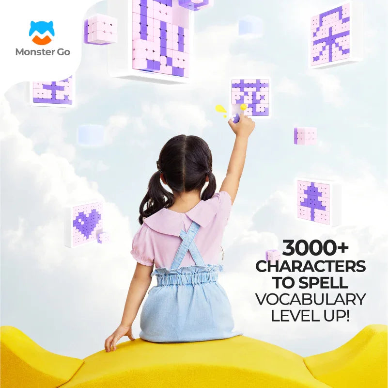 Child interacting with floating purple and pink spelling mosaic cubes under blue sky for vocabulary learning
