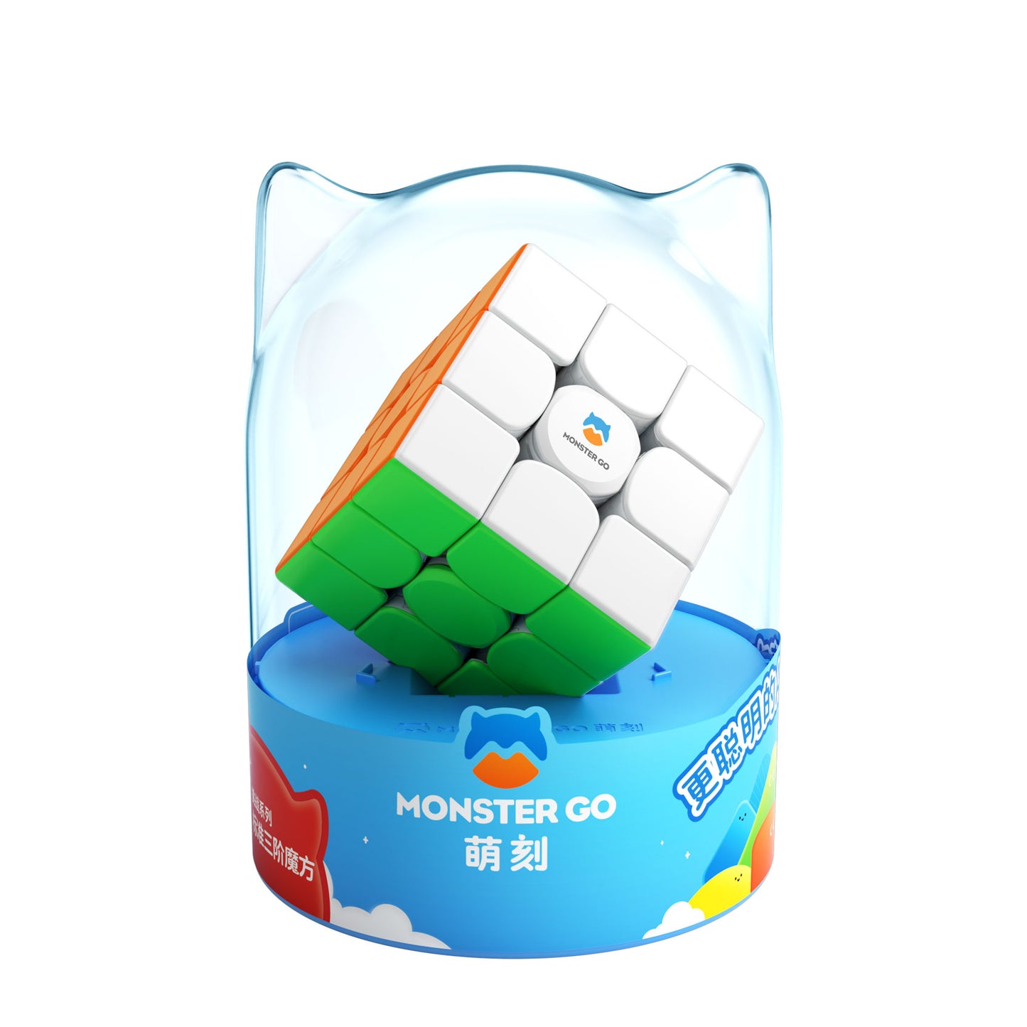 Monster Go 3x3 Rubik's Cube puzzle with white, green, and orange stickers in clear blue packaging