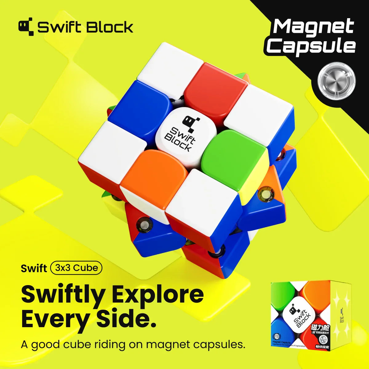 Swift Block 3x3 magnetic cube puzzle with colorful squares and magnet capsule branding on bright yellow background