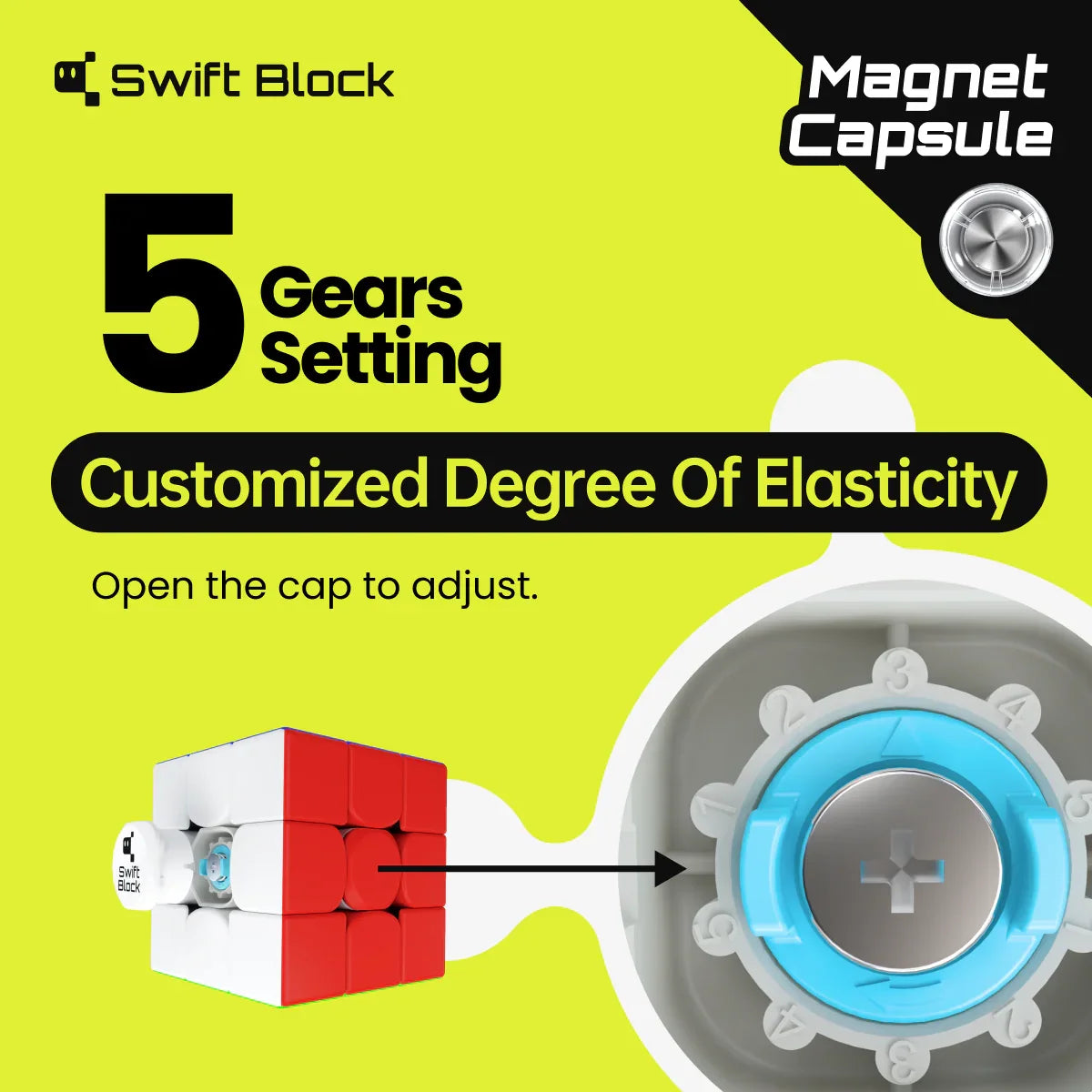 Swift Block 3x3 magnetic speed cube with 5 gears elasticity setting and adjustable magnet capsule