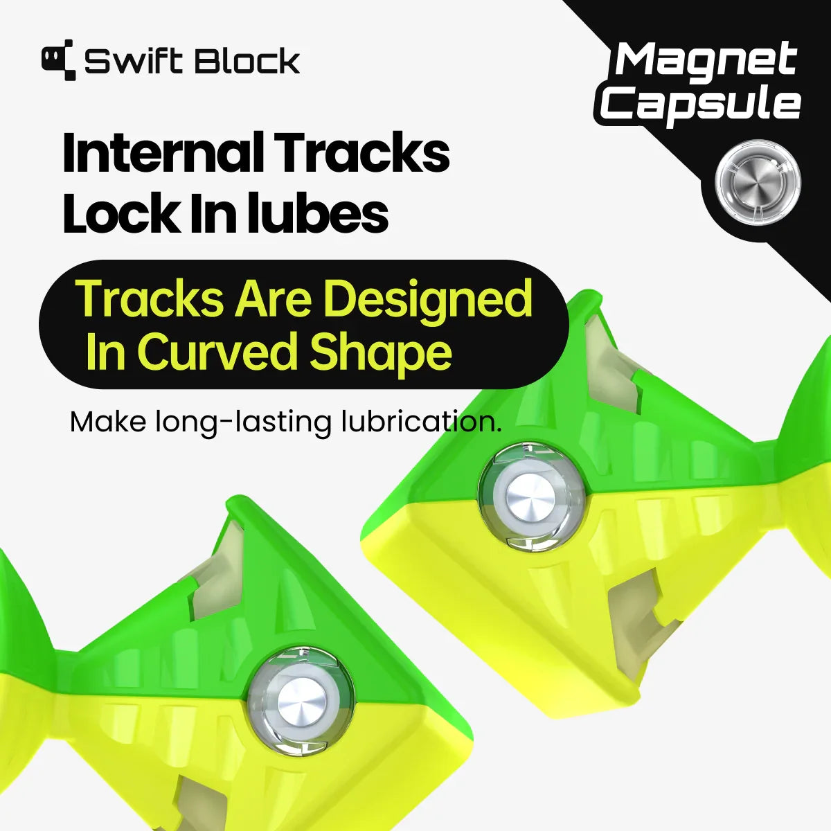 Swift Block magnet capsule with curved internal tracks for locking in lubes and long-lasting lubrication