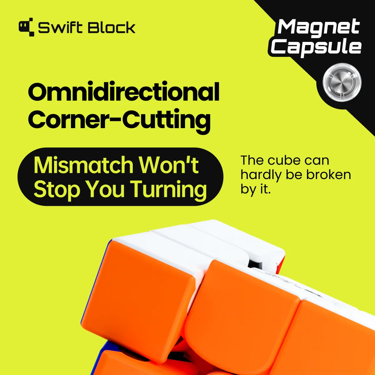 Swift Block Rubik's Cube with Magnet Capsule technology for smooth omnidirectional corner-cutting and durable turning