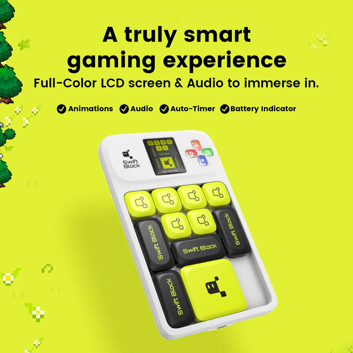 Swift Block smart gaming device with colorful keys, full-color LCD screen, and audio features