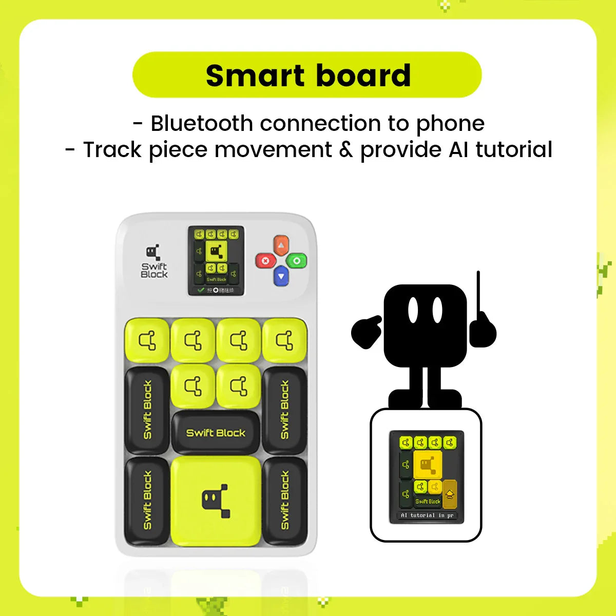 Swift Block smart board with Bluetooth, AI tutorial, and yellow and black interactive blocks