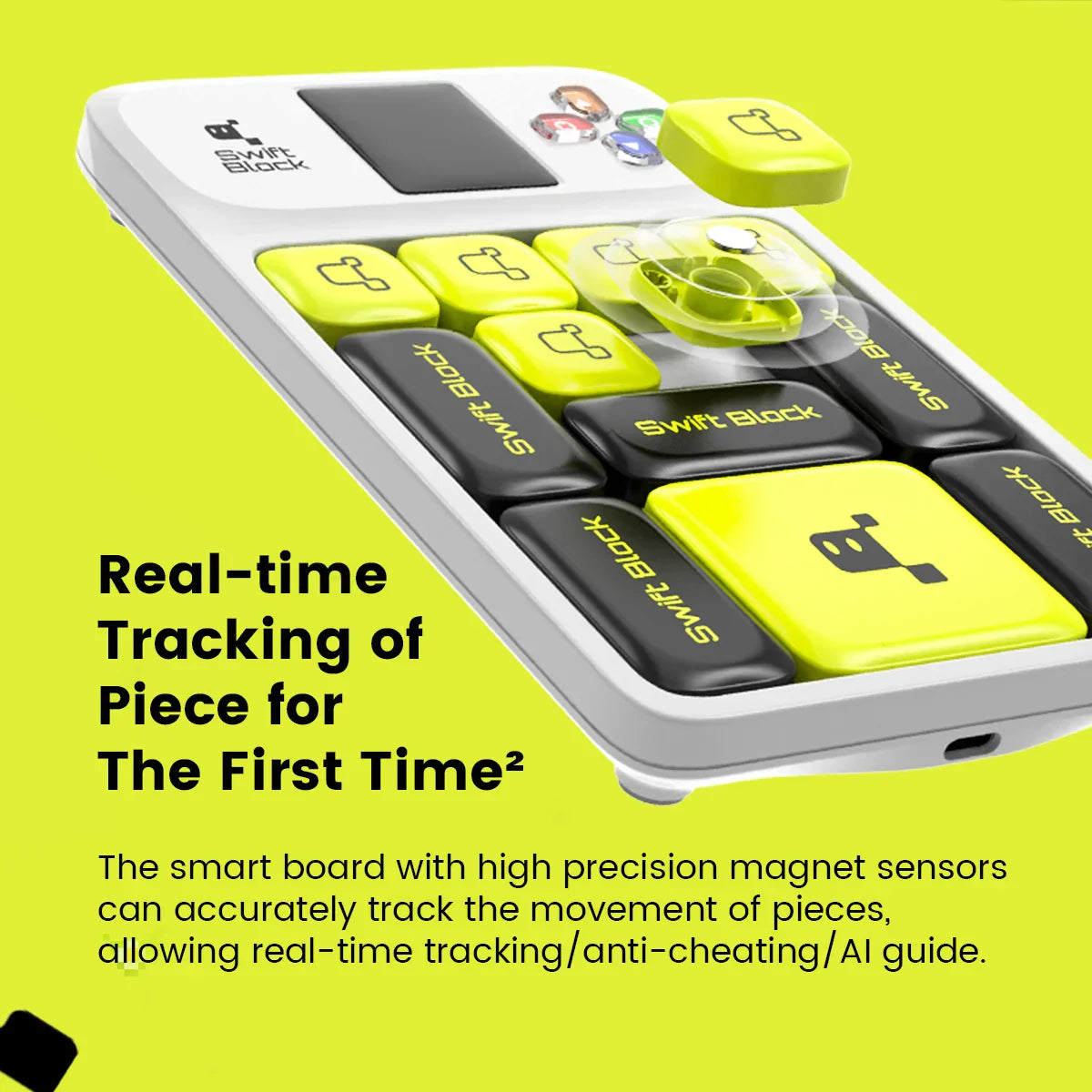 Swift Block smart board with magnetic sensor pieces for real-time tracking and AI guide on bright yellow background
