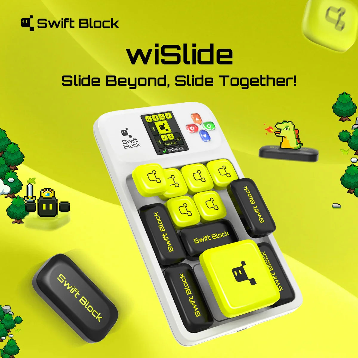 Swift Block wiSlide customizable mechanical keyboard with yellow and black keys on bright yellow background