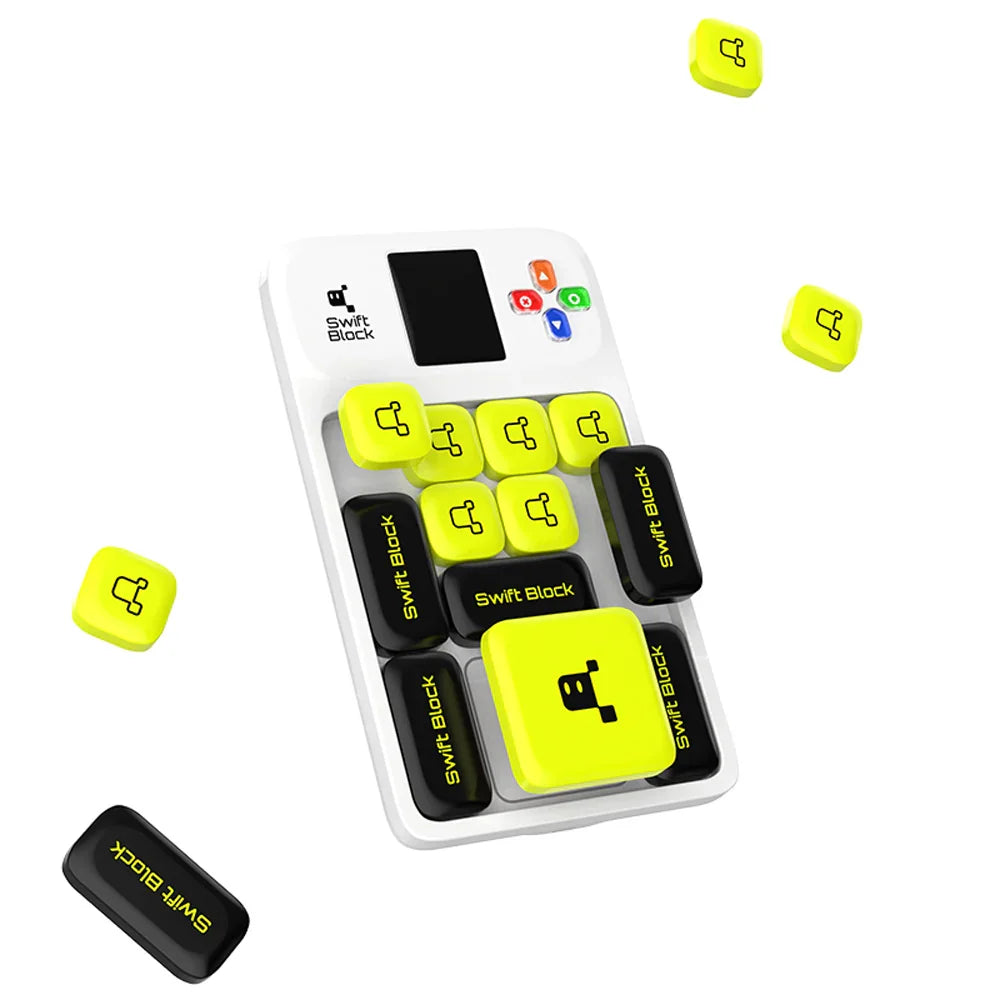 Swift Block UV game console with yellow and black buttons floating, white casing
