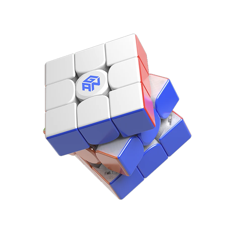 GAN brand 3x3 speed cube puzzle with white, blue, and red stickers partially twisted