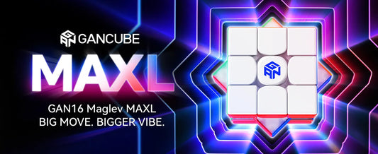 GAN16 Maglev MAXL speedcube on neon geometric background, promotional display