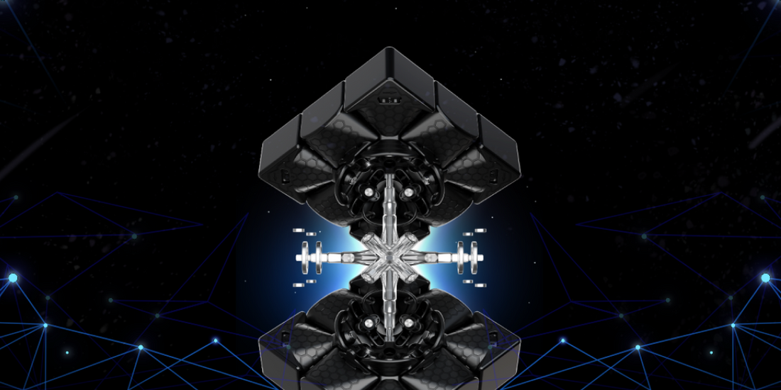 Close-up of a black Gancube core mechanism with metallic components against a digital blue network background