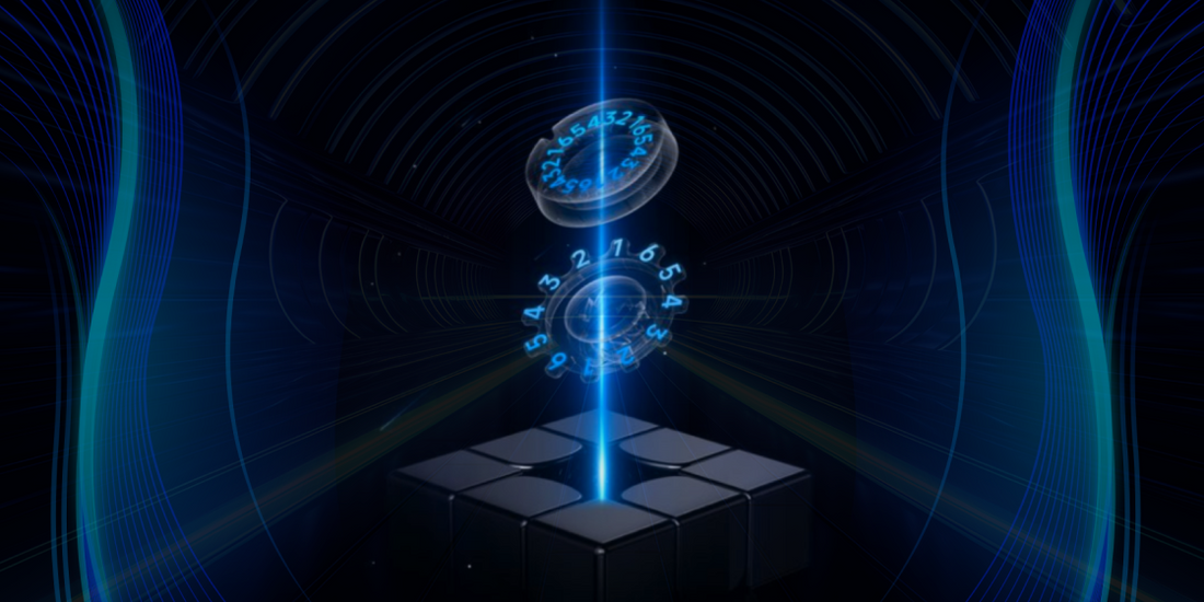 Futuristic blue light beams and floating digital numbers above a black 3x3 cube in a dark tunnel
