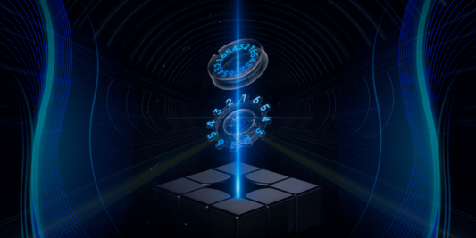 Futuristic blue light beams and floating digital numbers above a black 3x3 cube in a dark tunnel