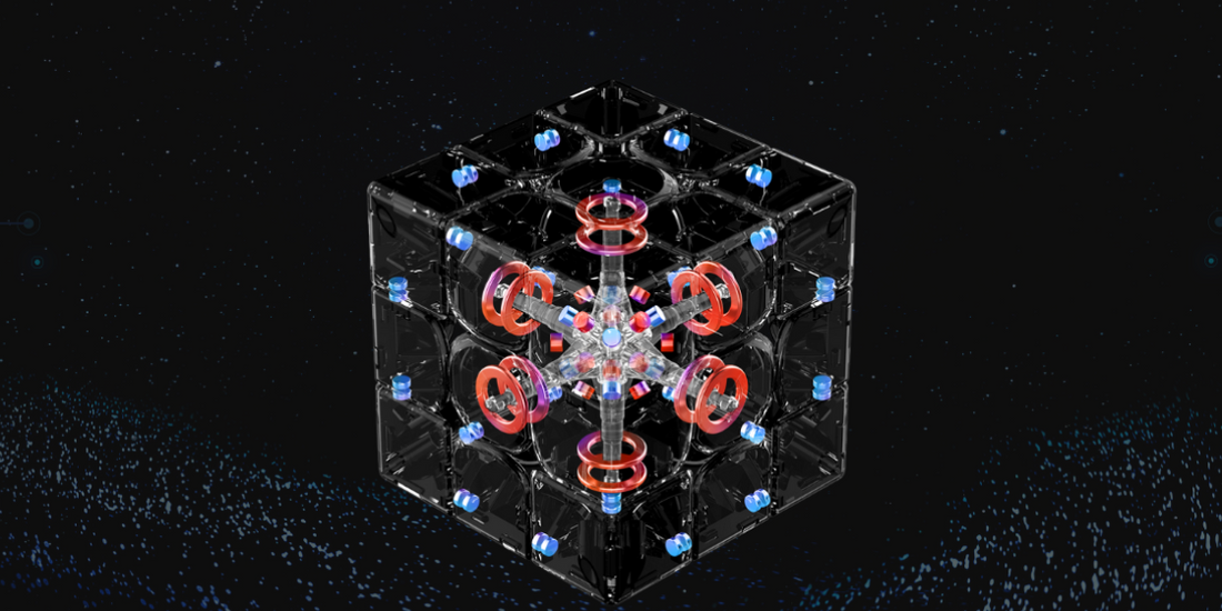 Transparent black cube showing internal magnetic system with red rings and blue magnets on a dark starry background
