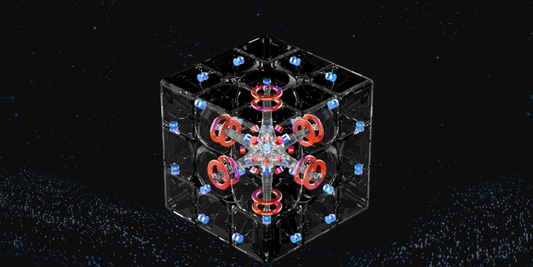 Transparent black cube showing internal magnetic system with red rings and blue magnets on a dark starry background