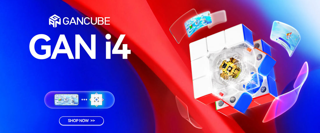 Gancube GAN i4 product with dynamic design on a blue and red background