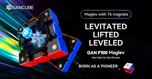 GAN V100 Maglev speed cube with visible core magnets, blue and red panels, dynamic background