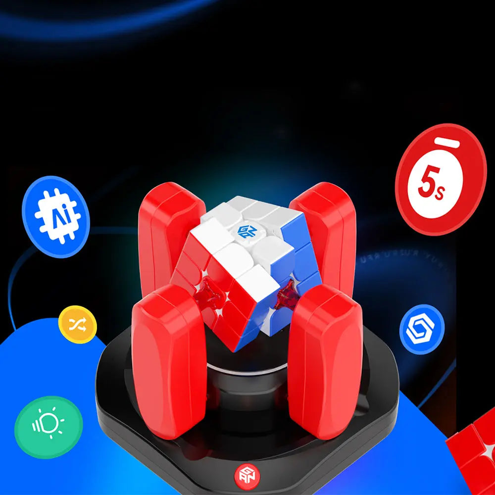 GANCUBE smart cube with red corner attachments on a black charging dock displaying technology and 5-second timer icons