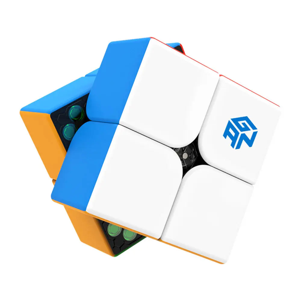 GANCUBE 2x2 speedcube with blue, white, and orange tiles, featuring the GAN logo on white tile