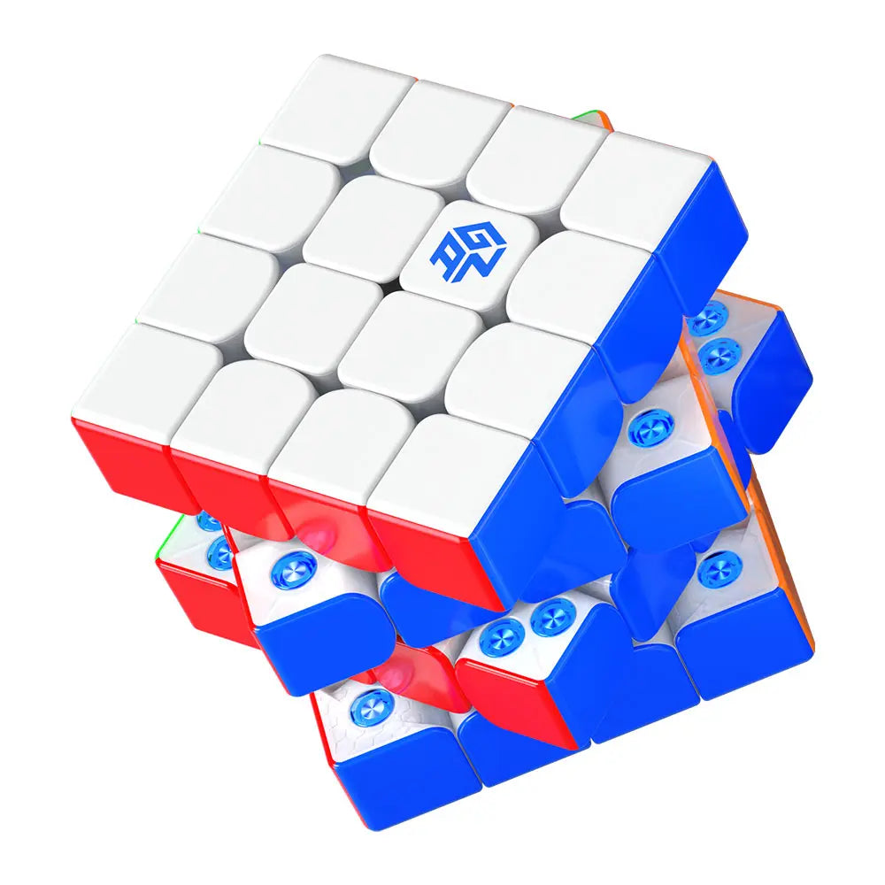 GAN 4x4 speed cube showing white, red, and blue sides with visible internal adjustment screws