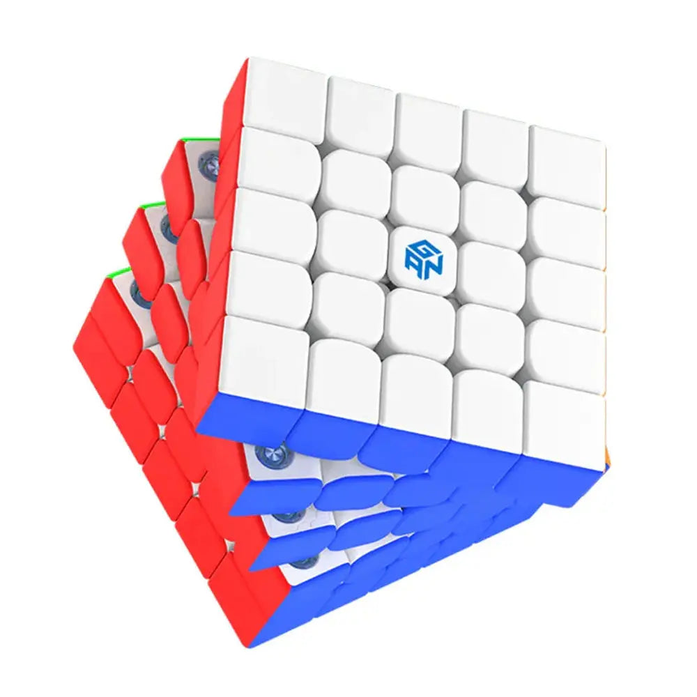 GAN 5x5 speed cube with white, red, and blue sides, showing patented smart cube design