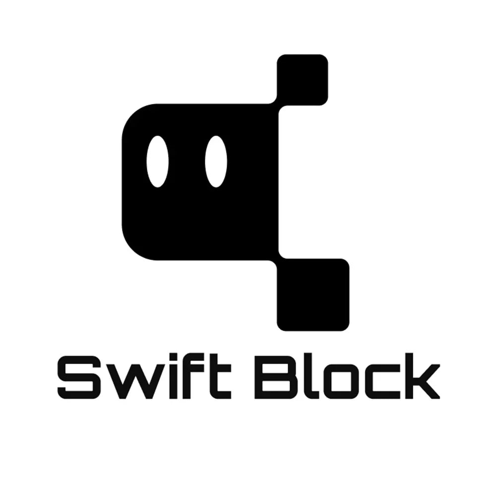 Swift Block logo in black and white, symbol with two oval eyes and block shapes, text Swift Block