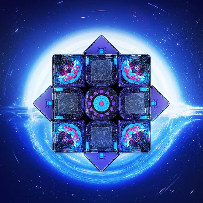 Top view of a futuristic blue mechanical puzzle cube with glowing gears against a cosmic starry background