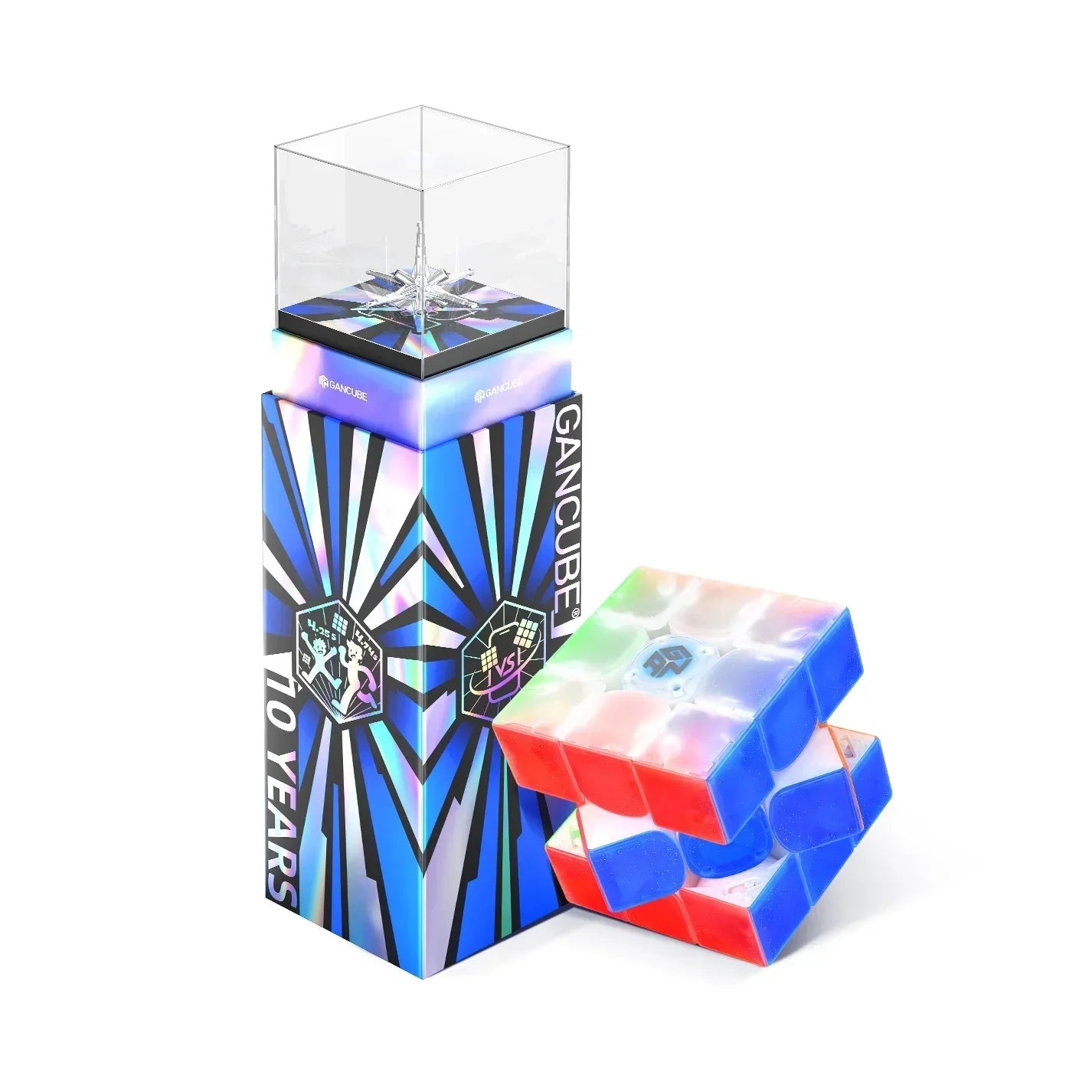 GAN 10th Anniversary speed cube with holographic packaging and clear display case