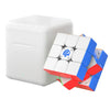 White magnetic speed cube partially twisted with white charging box on white background