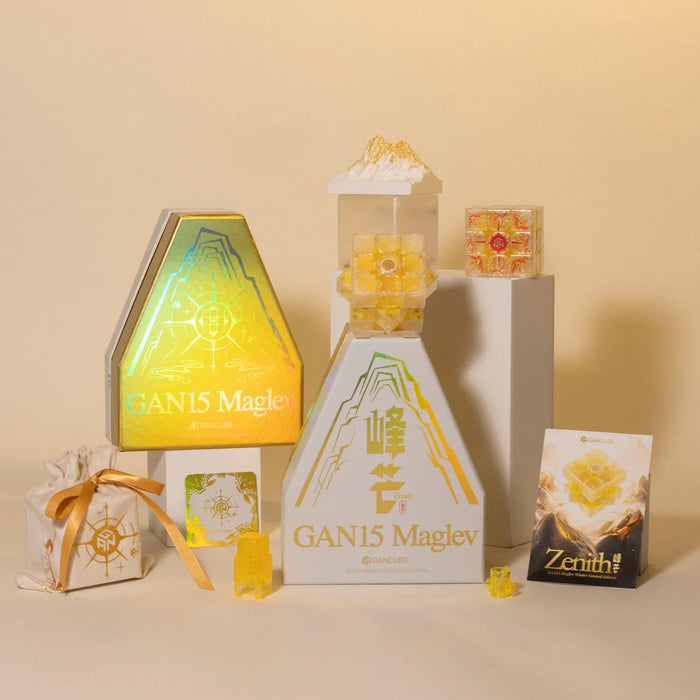 GAN15 Maglev limited edition puzzle cube set with golden packaging, pouch, and accessories displayed