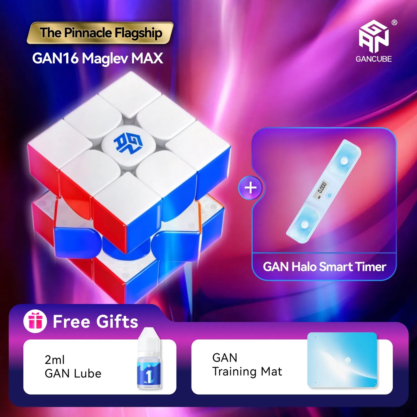 GAN16 Maglev MAX puzzle cube in white, red, and blue with a GANCUBE logo, shown alongside a GAN Halo Smart Timer and promotional free gifts including GAN lube and a training mat on a purple and pink gradient background.