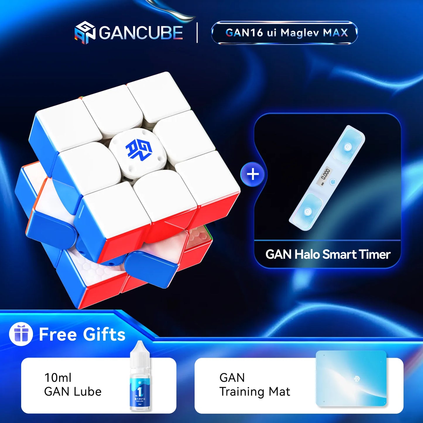 GANCUBE 16-piece maglev puzzle box shown with a white, blue, and red cube and a smart timer accessory, on a blue graphic background with promotional text for free gifts.