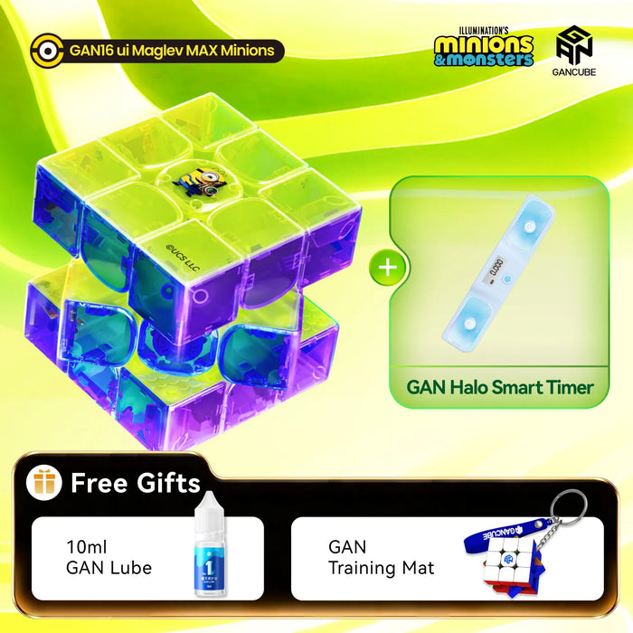 A GAN16 Magic: The Gathering MAX Minions puzzle cube in translucent green and purple, shown with a GAN Halo Smart Timer and free gifts including GAN lube and a training mat on a bright green and yellow graphic background.