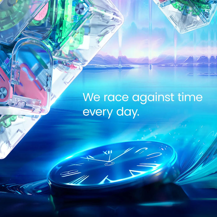 Futuristic blue clock submerged in water with transparent mechanical parts and text We race against time every day