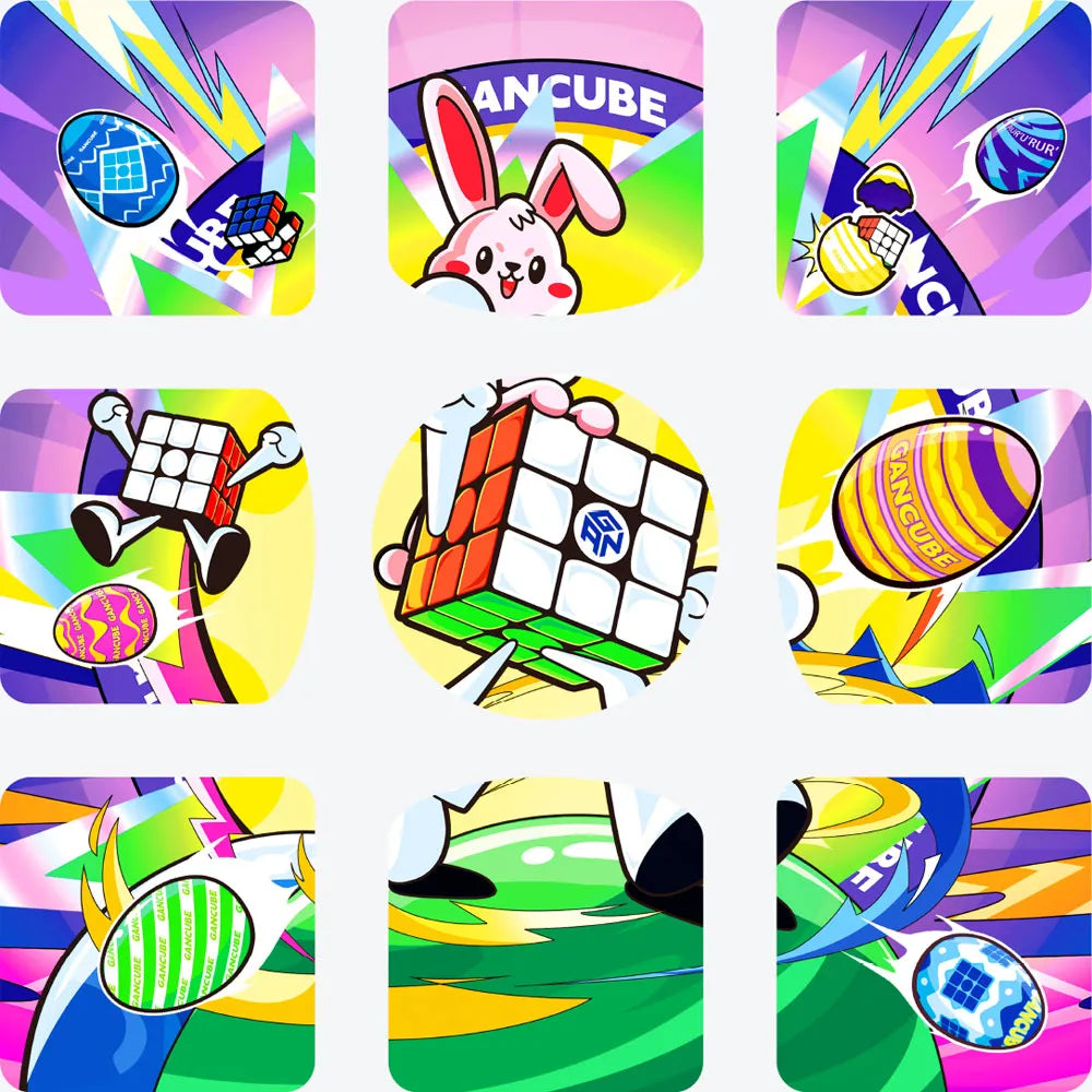 Colorful promotional cards with various designs and a Rubik's Cube on a white background