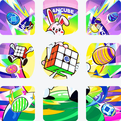 Colorful promotional cards with various designs and a Rubik's Cube on a white background