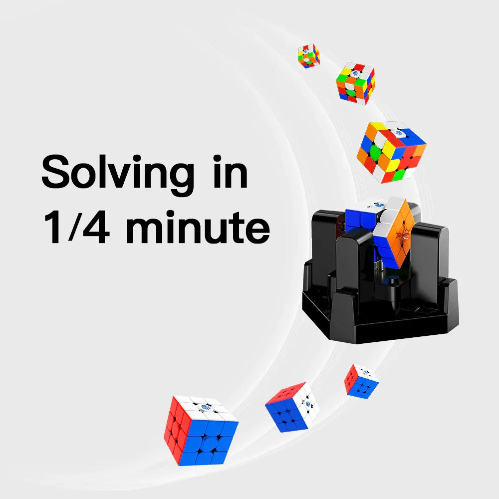 Robot quickly solving multiple colorful Rubik's Cubes in under 1/4 minute on a black base