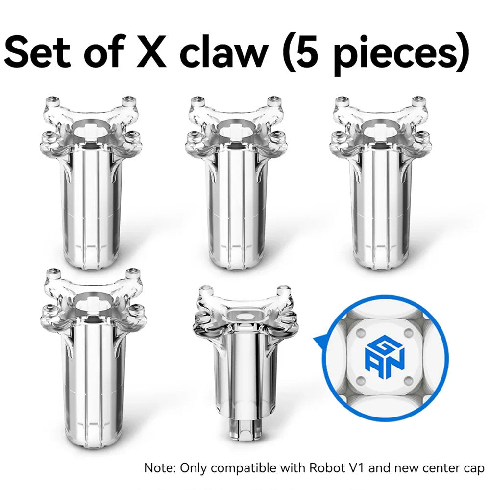 Set of five transparent X claw robot parts with blue GN logo center cap, compatible with Robot V1