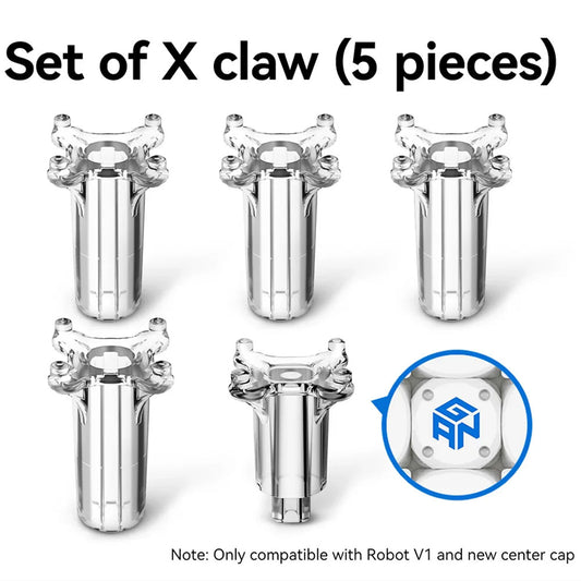 Set of five transparent X claw robot parts with blue GN logo center cap, compatible with Robot V1